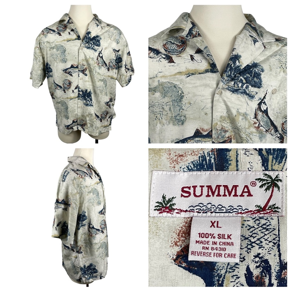 Men's Summa 100% Silk Fly Fishing‎ Theme Short Sleeve Button Down XL 0104
